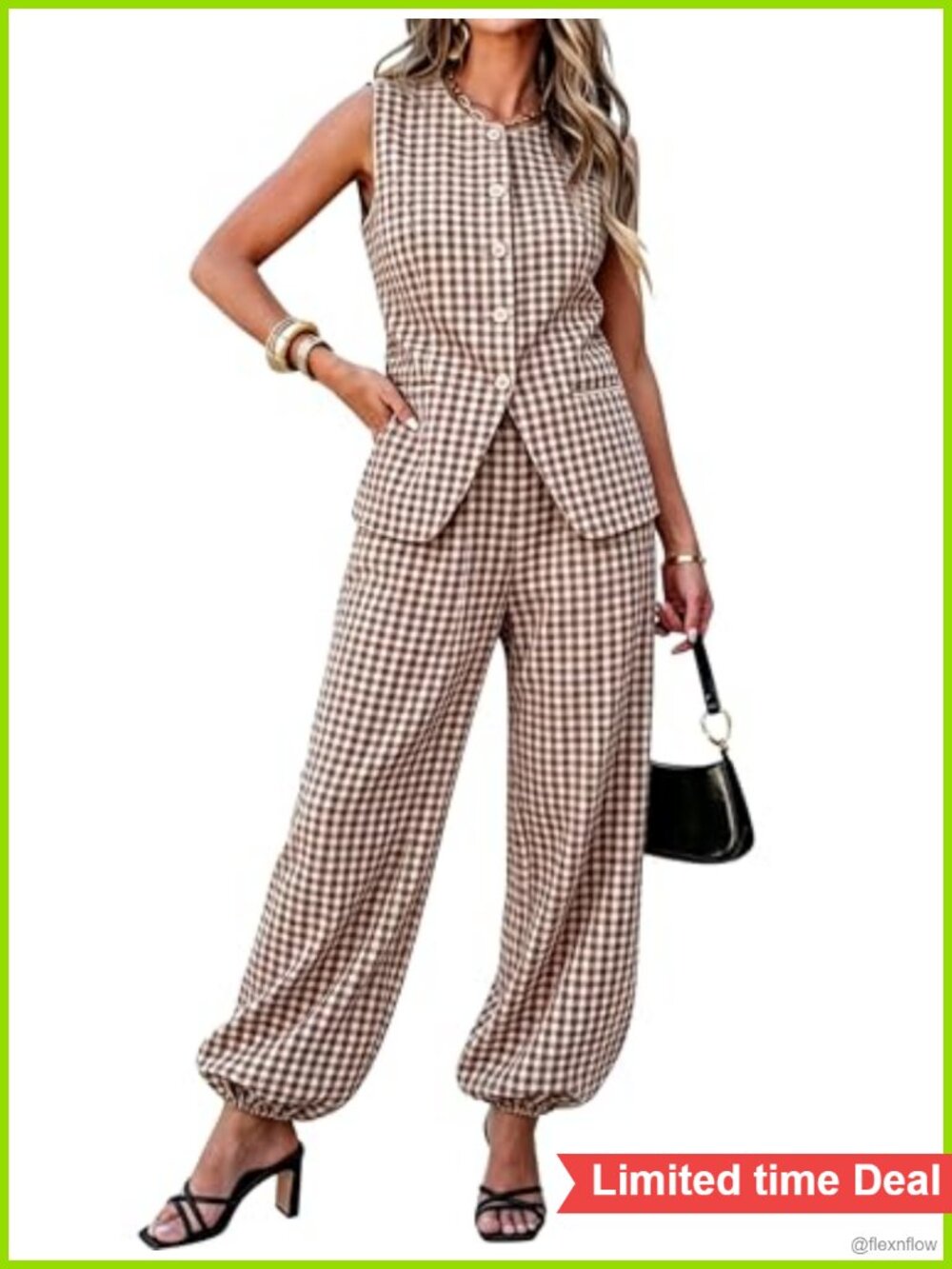 Womens Gingham 2 Piece Set Sleeveless Vest Balloon Wide Leg Pants Suit Set